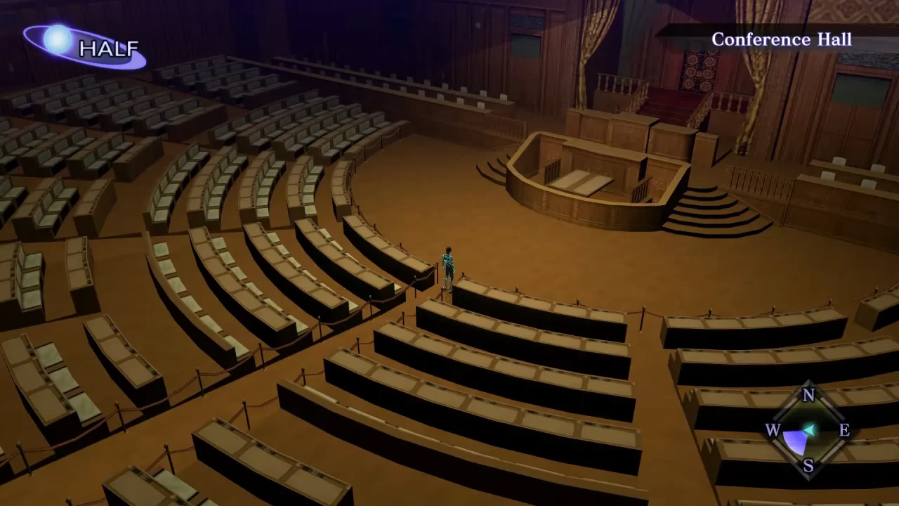 Screenshot of the interior of the Diet Building moments before a boss battle in Shin Megami Tensei III: Nocturne HD. 