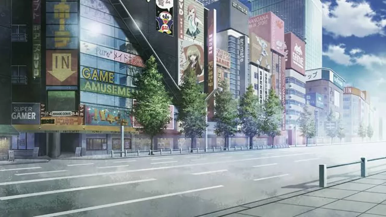 Screenshot of the Akihabara street background used in Steins;Gate.  