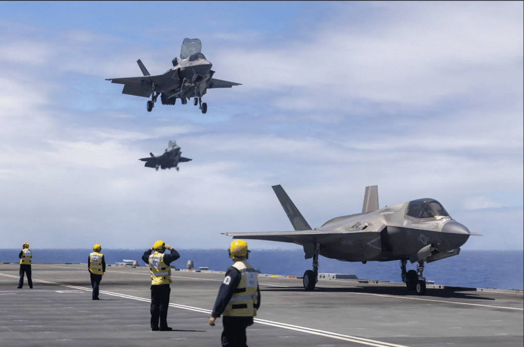 US and UK F-35B landing on HMS Prince of Wales after conducting flying operations as part of multi-large deck exercise. Credit: Royal Navy
