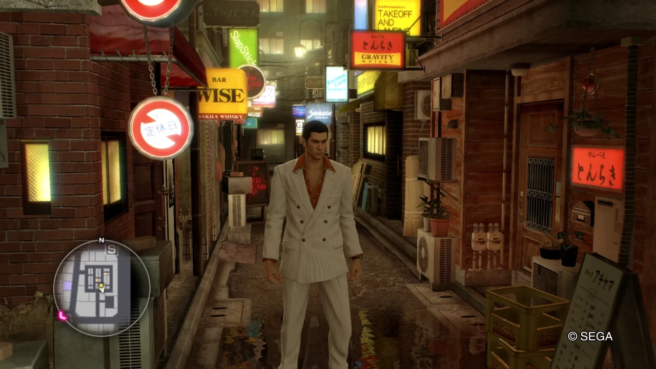 Screenshot of Kazuma Kiryu standing in the 'Champion District' of Kamurochō in Yakuza 0.