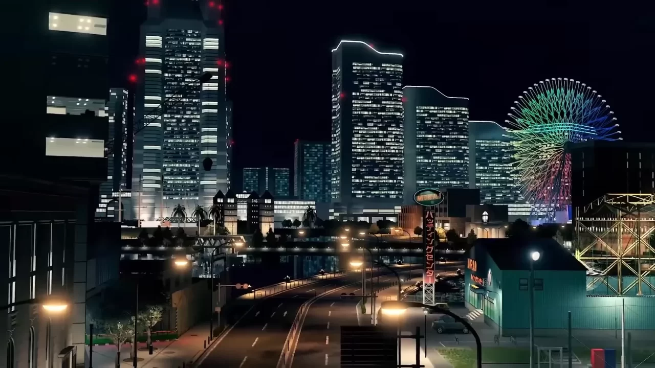 Screenshot from the announcement trailer for Yakuza 7: Like a Dragon, showing the city of Yokohama and Minato Mirai. 
