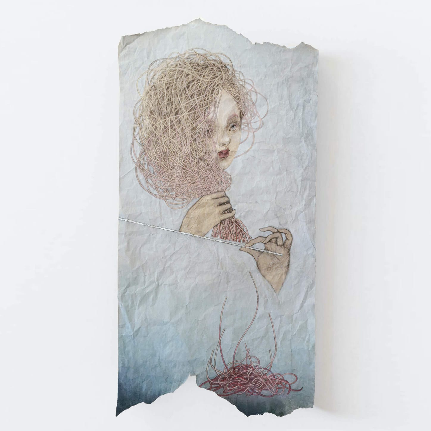 Akiko Saheki, Sodanshikiri (2021; charcoal, pastel, silver leaf on paper, 107 x 54.5 cm)
