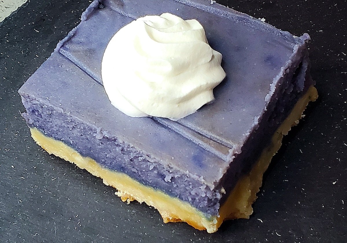 square of purple okinawan sweet potato cream cheese jell-o tart