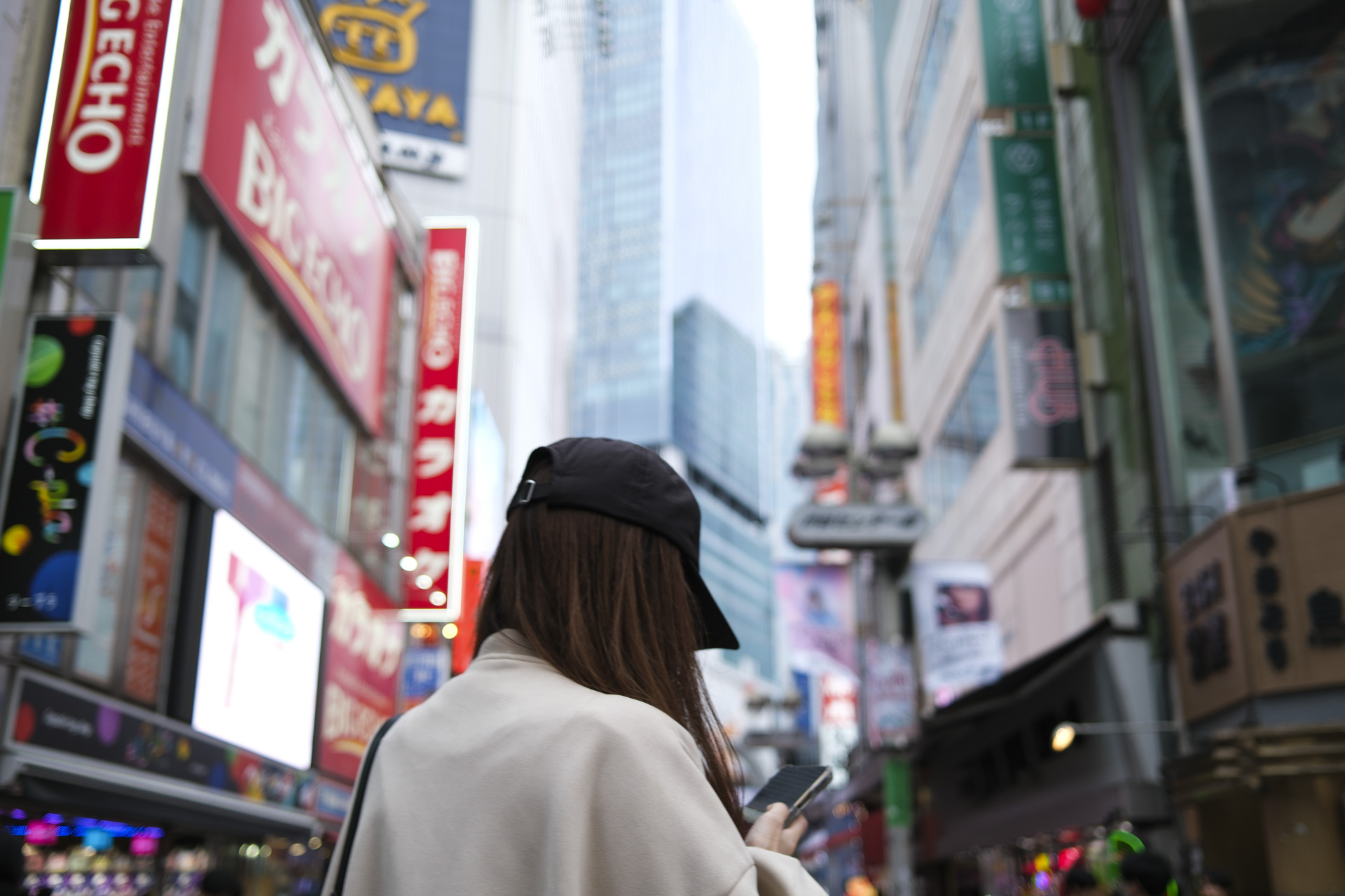 Street photo in a crowded urban Tokyo city