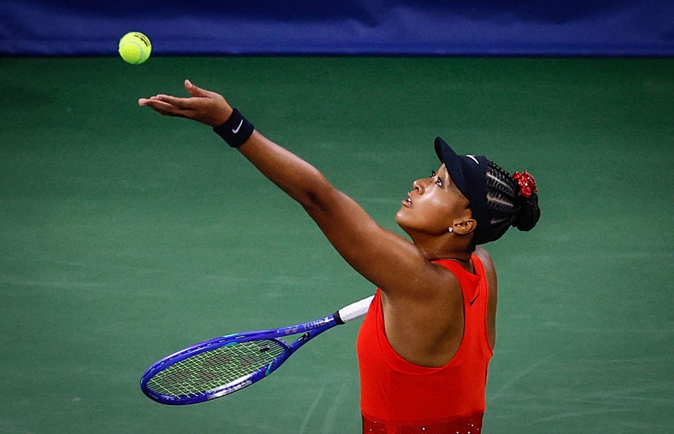 japans naomi osaka serves the ball to belgiums greet minnen during their womens singles first round tennis match on day three of the us open tennis tournament at the usta billie jean king national tennis center in new york city, on august 26, 2025. (photo by kena betancur / afp) (photo by kena betancur/afp via getty images)
