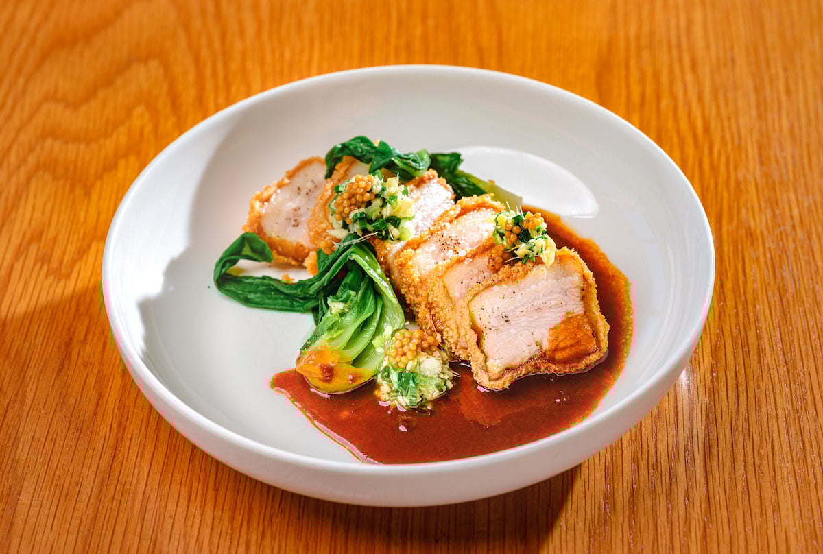 pork belly fanned out on fine dining plate