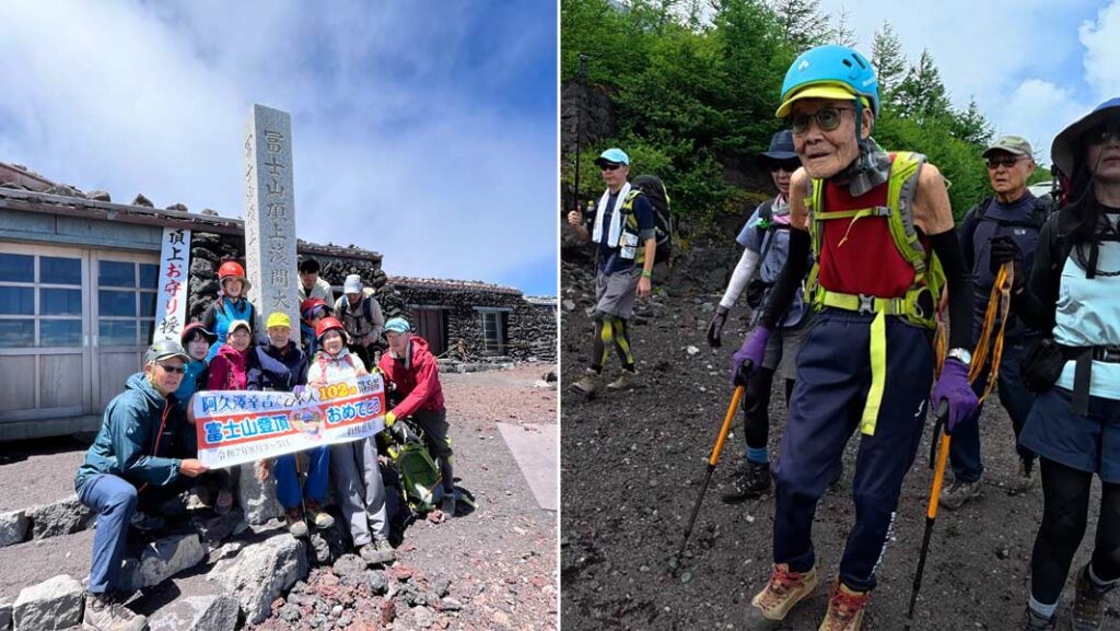 Split image of Kokichi climbing Mount Fuji and at the summit