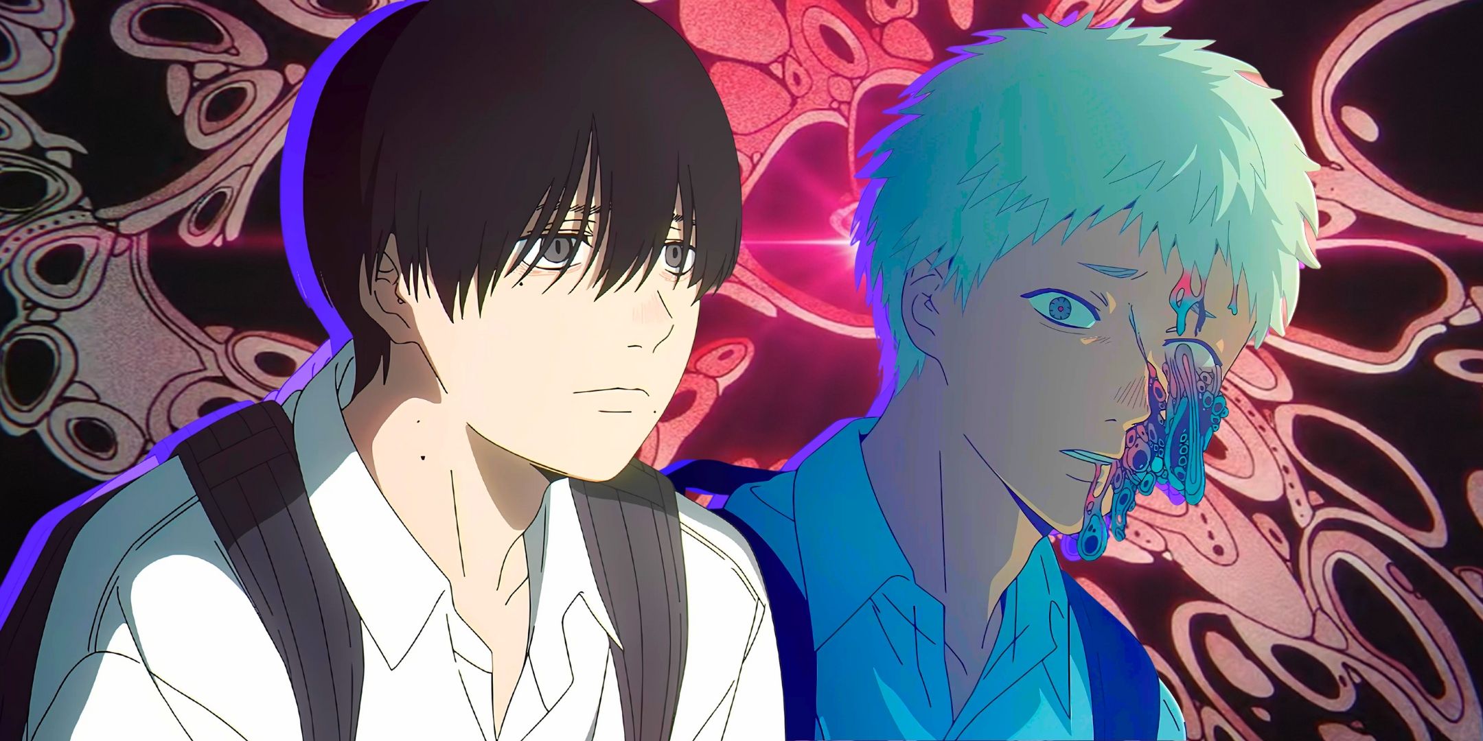 A collage featuring The main characters from Netflix anime The Summer Hikaru Died 