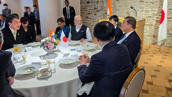 PM Modi and Japan Prime Minister Shigeru Ishiba during a luncheon meeting with Miyagi Prefecture Governor Murai, JR East Chairman Fukazawa, Tokyo Electron President Kawai, and Tohoku University President Tomunaga(@shigeruishiba/X)