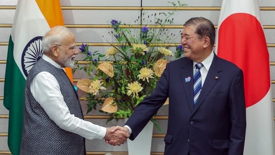 Prime Minister Narendra Modi exchanges a handshake with Japan PM Shigeru Ishiba at the 15th India-Japan Annual Summit, in Tokyo(PMO/ANI )