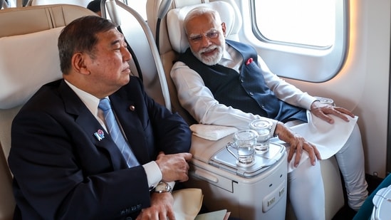 PM Modi, accompanied by Japan Prime Minister Shigeru Ishiba, travels in a Shinkansen bullet train from Tokyo to Sendai(PMO/ANI)