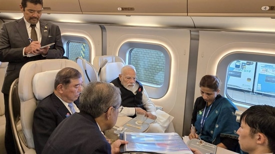 Prime Minister Narendra Modi, along with his Japanese counterpart Shigeru Ishiba, takes a ride on a bullet train in Japan. (@shigeruishiba/X)