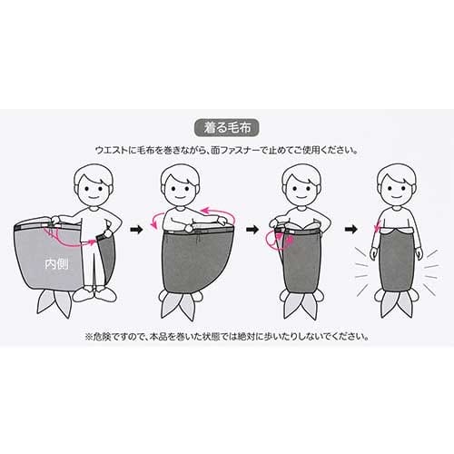 Illustration showing a person putting on a mermaid tail blanket step by step with arrows indicating wrapping and zipping.