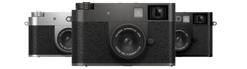 Three Fujifilm cameras in silver, black, and gray are displayed side by side, showing their lenses and viewfinders prominently. The cameras have a classic, retro design with textured grips.