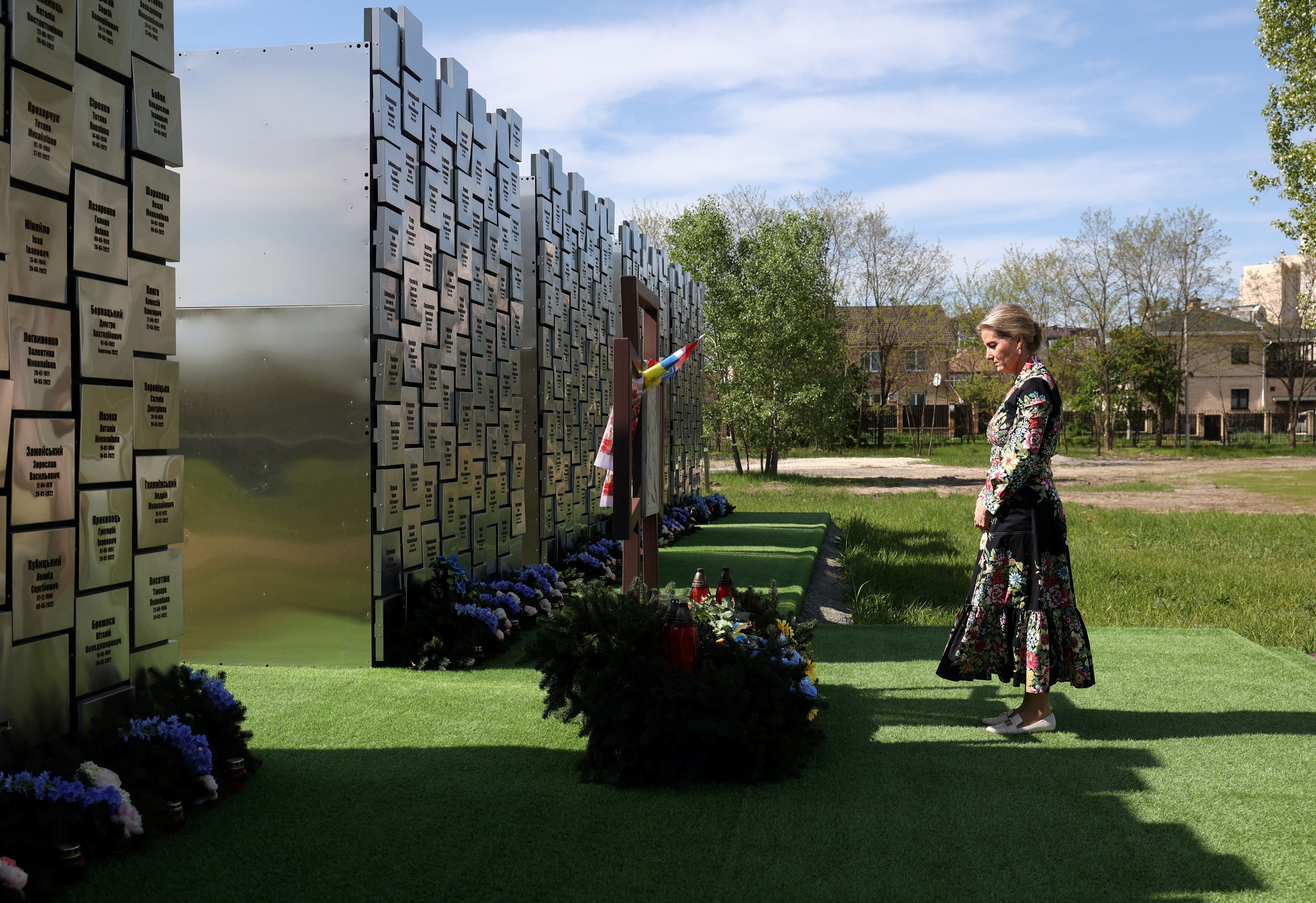 Sophie, Duchess of Edinburgh, visiting a memorial to victims of the Russian occupation in Bucha, Ukraine.