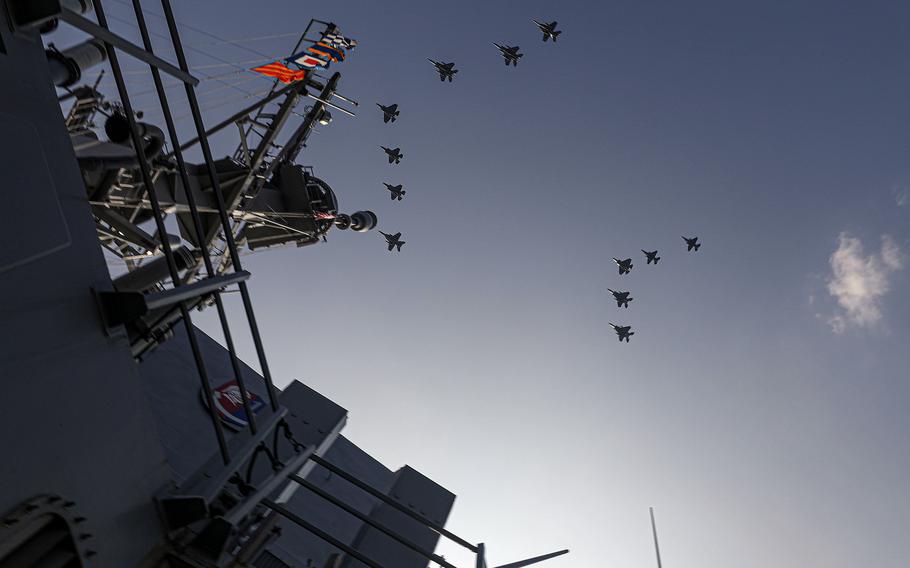 U.S., South Korean and Japanese fighter jets fly in formation during the Freedom Edge exercise in waters between South Korea and Japan, Nov. 13, 2024. 
