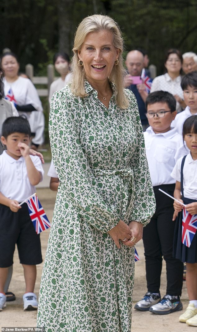 Sophie beamed as she met with children from the British Council English Programme, who waved Union Jack flags as they greeted the royal couple