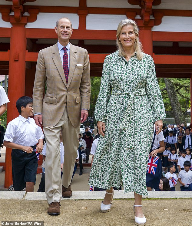 Prince Edward, 61, and Sophie walked through the Chumon (Middle Gate) during their visit to Danjo Garan