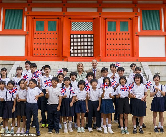 Pictured: The Duke and Duchess of Edinburgh with children involved in The British Council English Programme