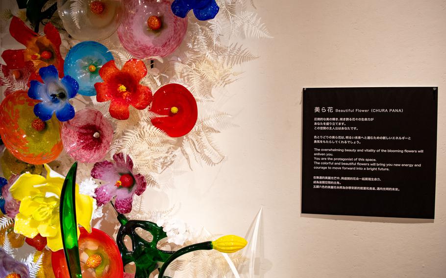 Colorful glass flowers adorn a wall display.