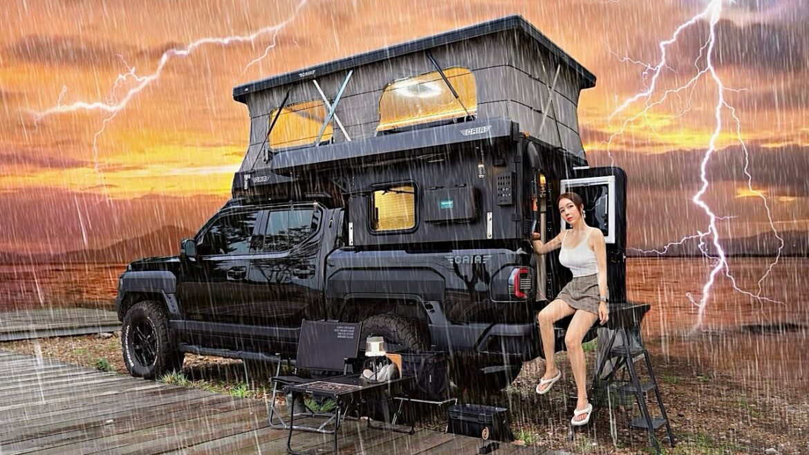 ☔ CAMPING IN AN AUTOMATED POP-UP TENT TRUCK CAMPER VAN IN EXTREME HEAVY RAIN