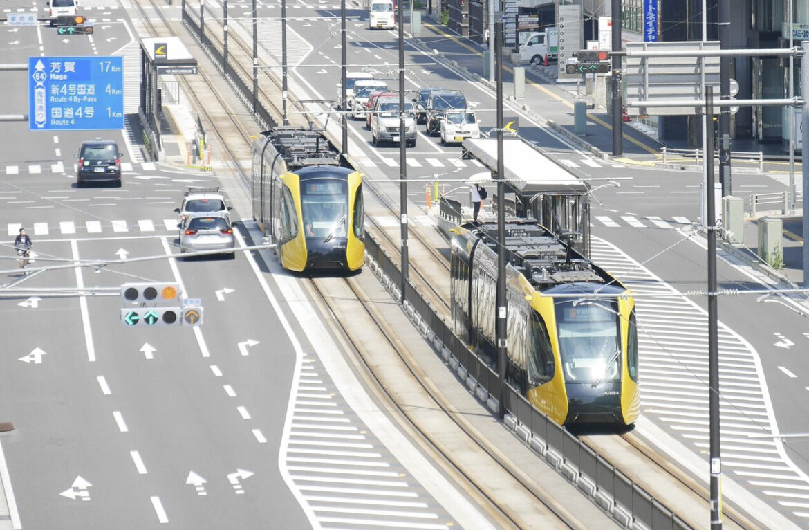 Trams powered by electricity generated from renewable energy sources run in Utsunomiya, Tochigi Prefecture, on June 30, 2025.