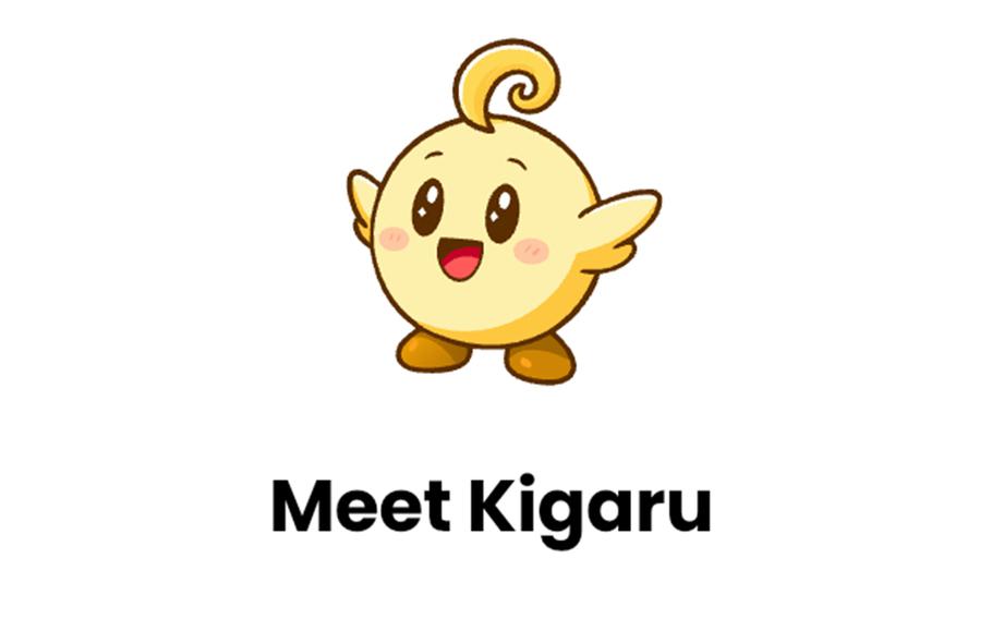 A logo for a smartphone app depicts a round yellow cartoon anime character above the words “Meet Kigaru” in black text.