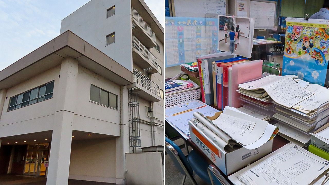 The NGK Insulators dormitory (left) and study materials stored in the room set aside for the class. (© Tanaka Keitarō)