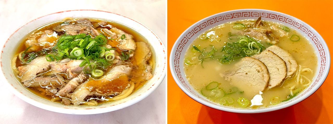 Char Siu Men at Chūkasoba Kōyōken (left) and the basic Ramen at Kinryū Ramen Dōtonbori (right). (© Yamakawa Daisuke)