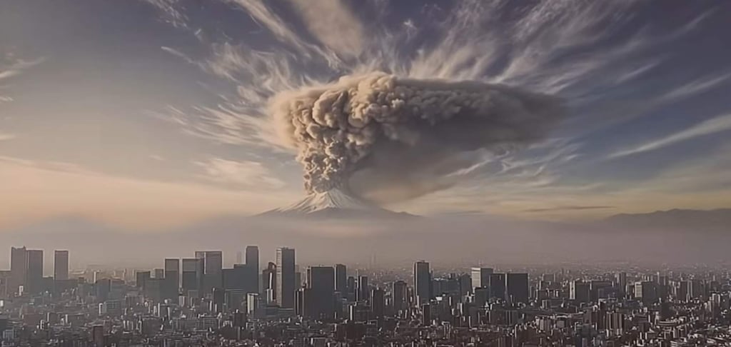 A screenshot of the video released by Japan’s Cabinet Office showing a simulate eruption of Mount Fuji. Photo: Japan’s Cabinet Office