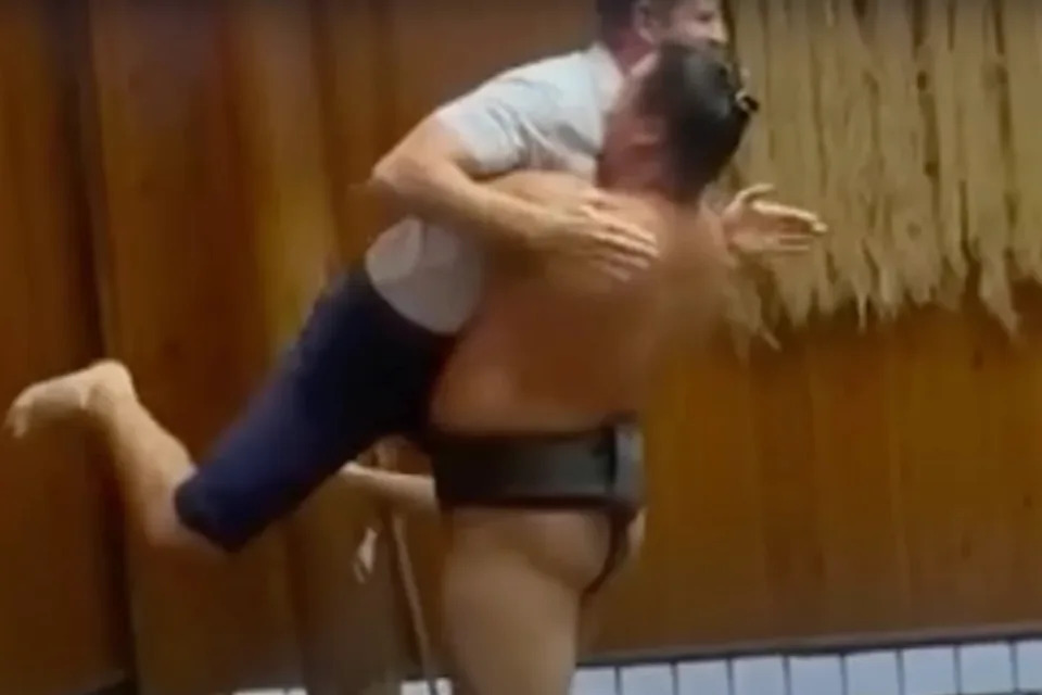Yokozuna dumps Eric Trump out of the sumo ring in Tokyo, Japan, on Monday September 2 2025 (Eric Trump/Instagram)