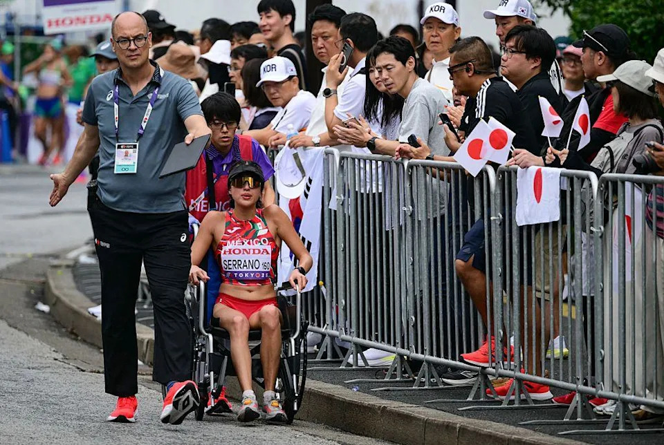 Mexico athlete Karla Ximena Serrano receives assistance 