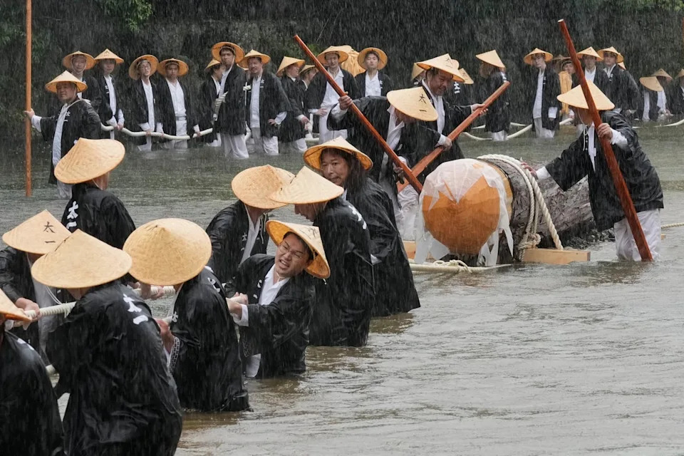 People carry a hinoki timber, Japanese cypress, into the Kotaijingu, also known as Naiku, or the inner sanctuary of the Ise Jingu shrine complex, during a festivity called Mihishirogi Hoeishiki (Copyright 2025 The Associated Press. All rights reserved)