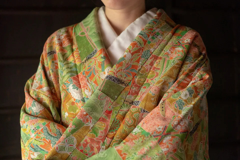 A close-up shot of a floral kimono.