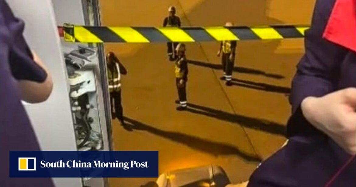 Emergency exit, slide of Hong Kong Airlines plane triggered after landing in Osaka Emergency exit, slide of Hong Kong Airlines plane triggered after landing in Osaka