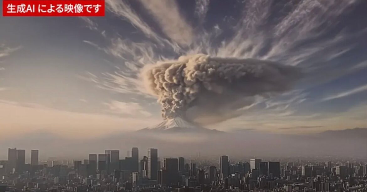 Japan Published an AI-Generated Video of Mount Fuji Erupting A large volcano erupts near a city skyline, sending a massive plume of ash and smoke into the sky. The image has a Japanese caption in red at the top left corner.