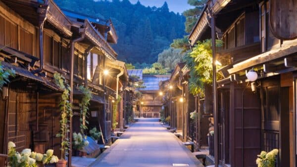 Takayama, Japan at the historic Sannomachi Street in the old town at twilight.