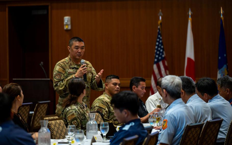 U.S. Air Force Tech. Sgt. Jason Kawagutchi, 18th Civil Engineer Squadron fire protection crew chief, speaks on the fire response procedures in the event of an aircraft mishap.