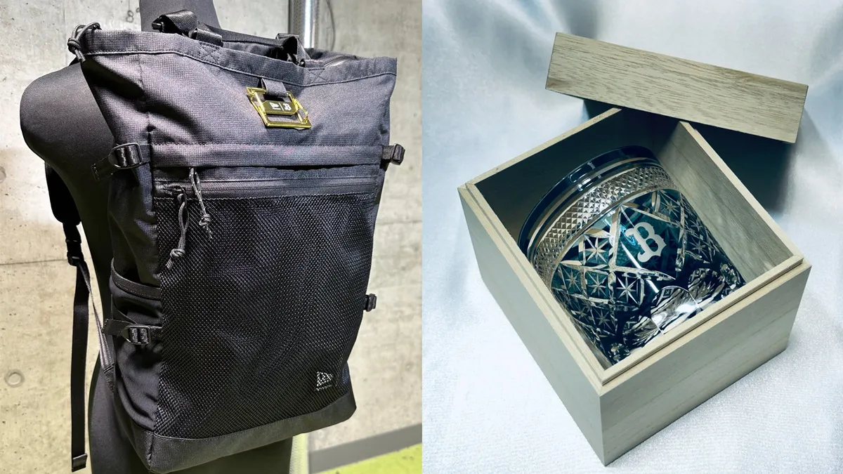 NEW ERA collaboration backpack with cap clip (left) and original cut glass (right) [Image: Courtesy of the baseball team]