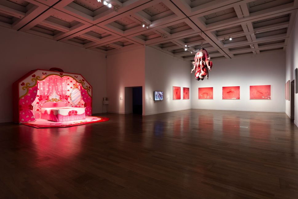 A pink, dollhouse-like bedroom installation with a canopy bed, surrounded by surreal pink artworks and a hanging fleshy sculpture.