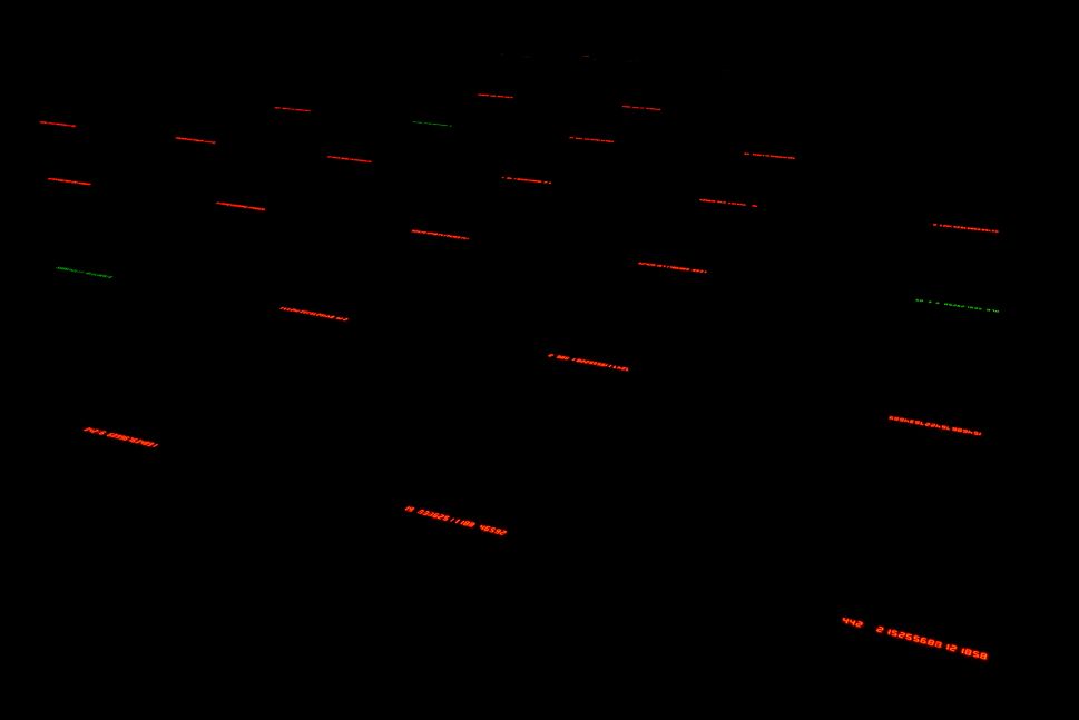 A dark installation space with rows of glowing text projected onto the floor, featuring short phrases and numbers in red and green light.