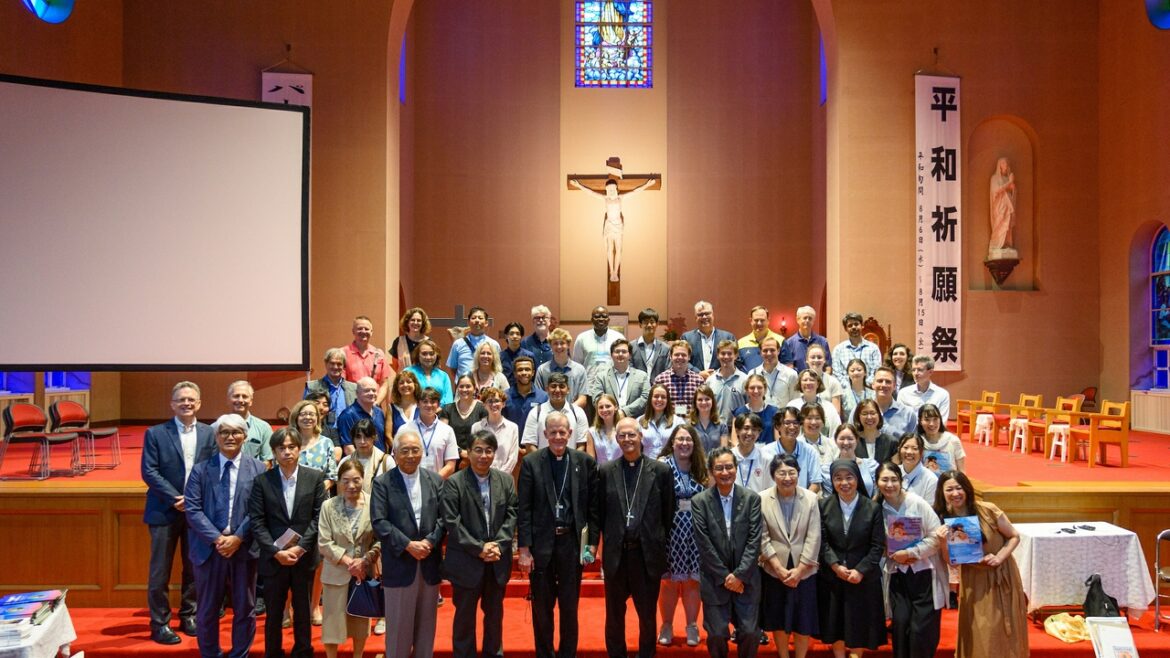Entire pilgrimage group in Urakami Cathedral in Nagasaki Japan