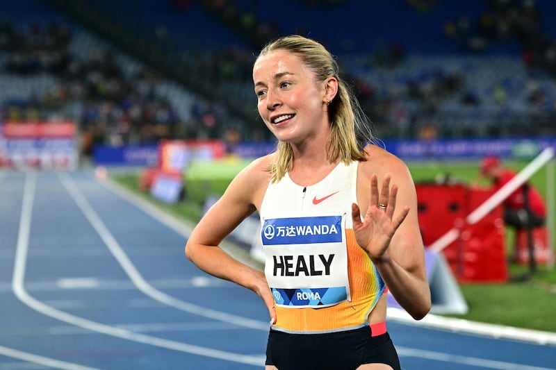Ireland's Sarah Healy celebrates after winning the women's 1500m event of the Diamond League athletics meeting at the Olympic stadium in Rome on June 6th. Photograph: Tiziana Fabi / AFP/ via Getty Images  