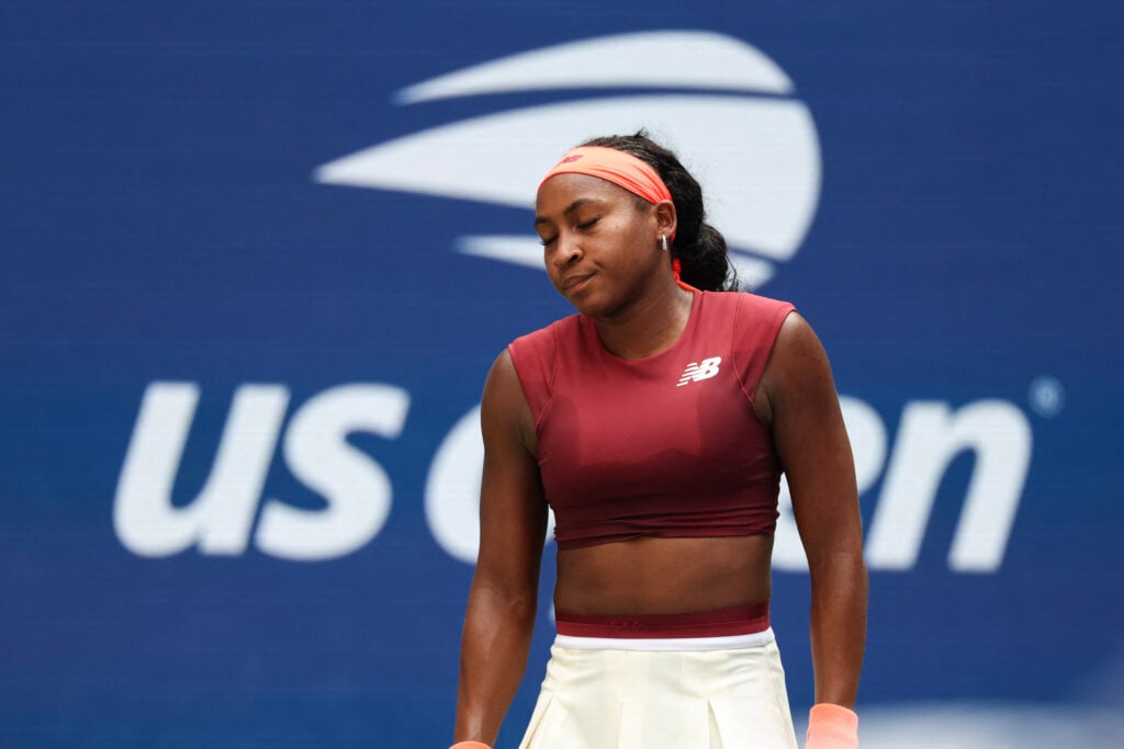 Coco Gauff reacts during her defeat to Naomi Osaka at the 2025 US Open