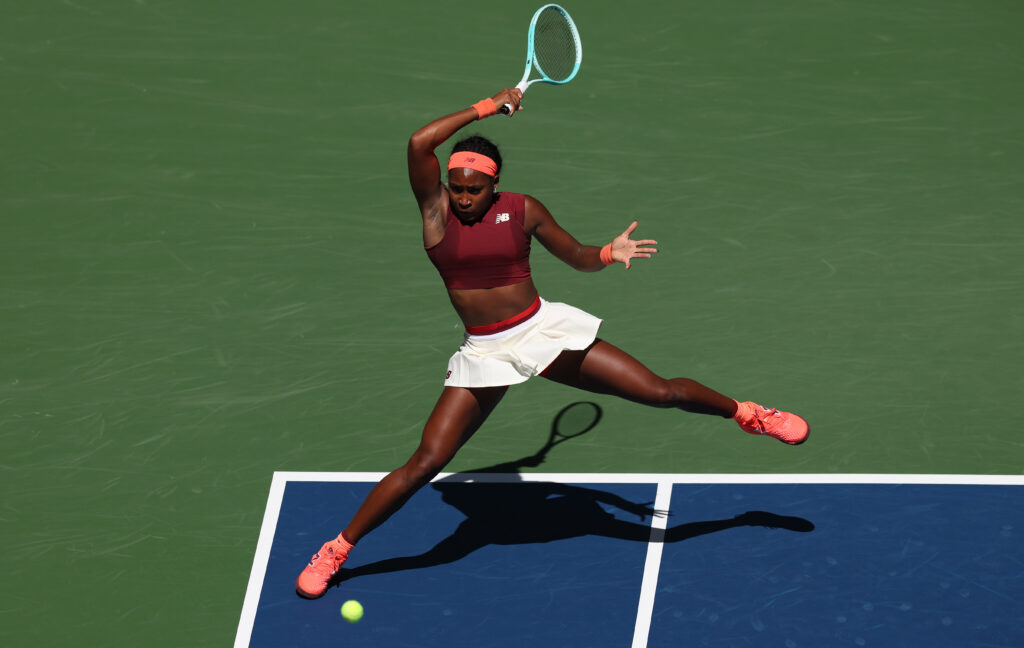 Coco Gauff hits a forehand