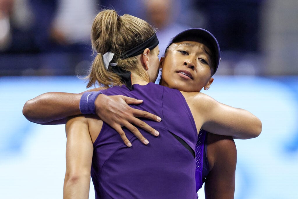 Karolina Muchova and Naomi Osaka embrace after their match at the 2025 US Open