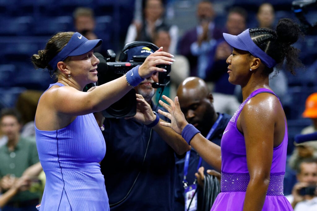 Amanda Anisimova and Naomi Osaka meet at the net following their 2025 US Open semifinal clash.