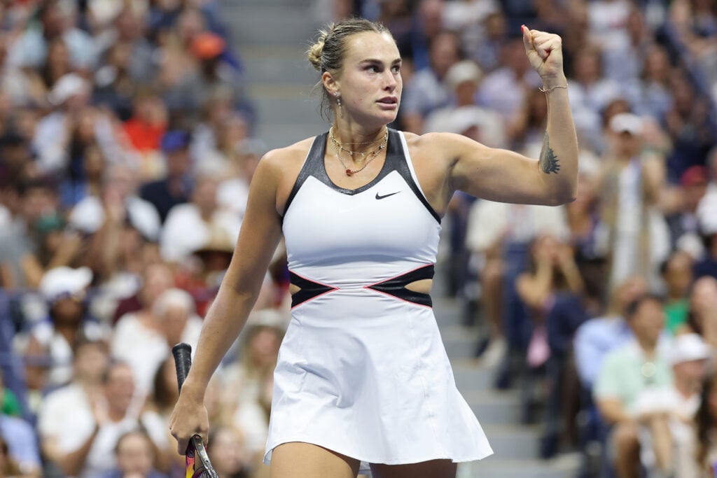 Aryna Sabalenka reacts against Amanda Anisimova of the United States during their Women's Singles Final match on Day Fourteen of the 2025 US Open at USTA Billie Jean King National Tennis Center.