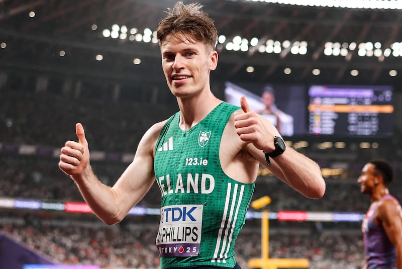Ireland’s Cian McPhillips celebrates winning the 800m semi-final and setting a new national record. Photograph: Morgan Treacy/Inpho