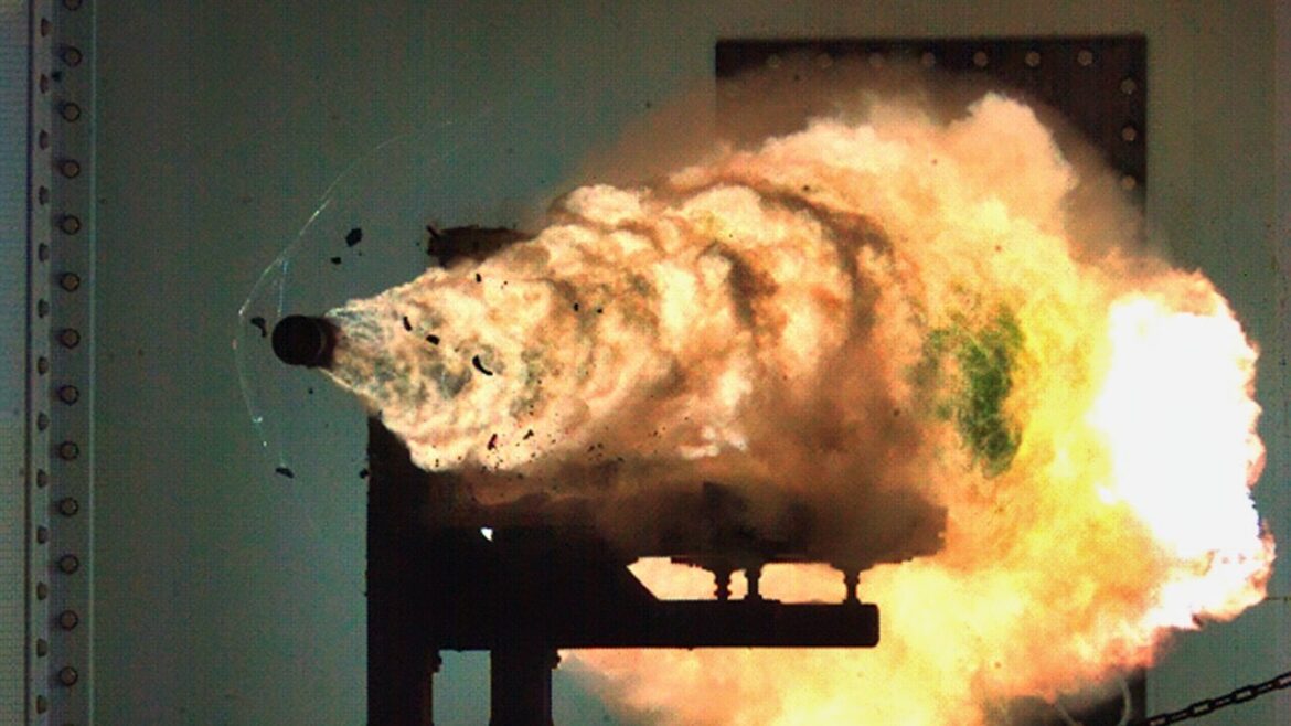 DAHLGREN, Va. (Jan. 31, 2008) Photograph taken from a high-speed video camera during a record-setting firing of an electromagnetic railgun (EMRG) at Naval Surface Warfare Center, Dahlgren, Va., on January 31, 2008, firing at 10.64MJ (megajoules) with a muzzle velocity of 2520 meters per second. The Office of Naval Research’s EMRG program is part of the Department of the Navy’s Science and Technology investments, focused on developing new technologies to support Navy and Marine Corps war fighting needs. This photograph is a frame taken from a high-speed video camera. U.S. Navy Photograph (Released)